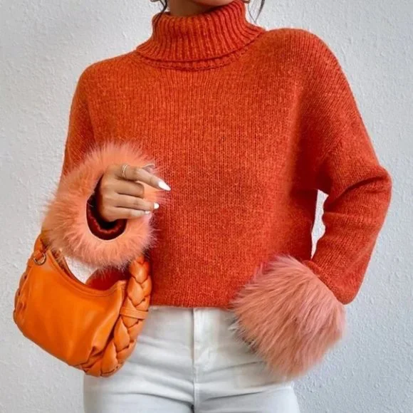orange faux fur Cuff TurtleNeck Knit Sweater Top - Picture 1 of 6
